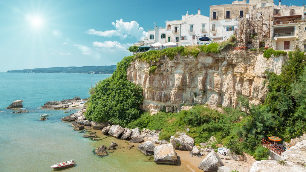 Vieste que inclui um desfiladeiro ou canyon, uma cidade litorânea e litoral rochoso