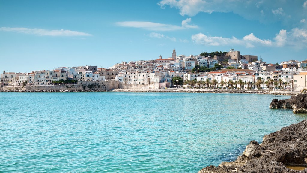 Vieste which includes a coastal town and rocky coastline