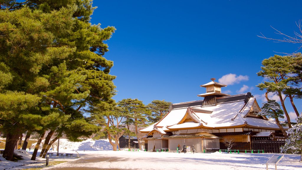 Fort Goryokaku which includes snow and a temple or place of worship