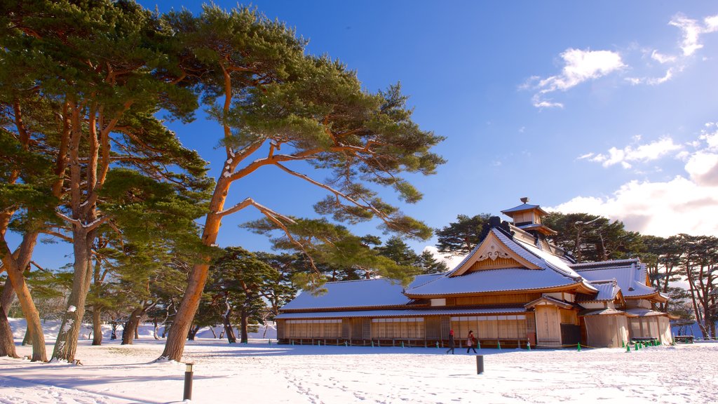 Fort Goryokaku featuring a temple or place of worship and snow