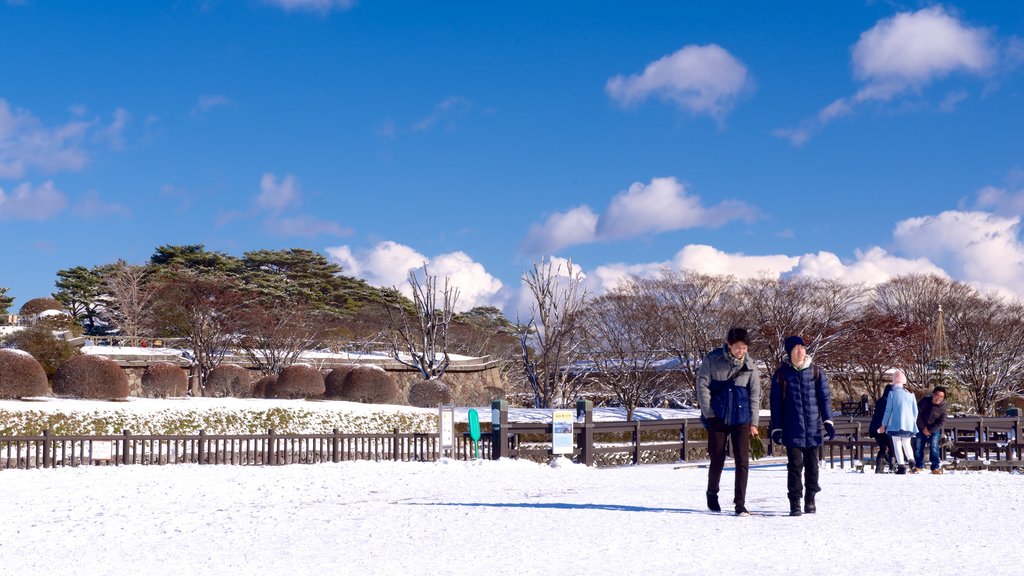 Fort Goryokaku featuring snow as well as a small group of people