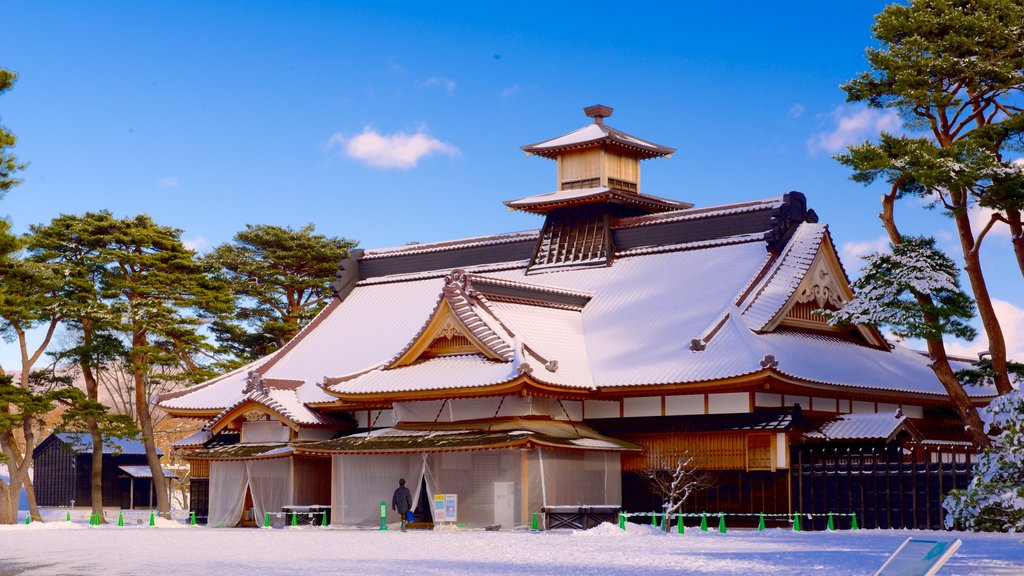 Fort Goryokaku showing snow and a temple or place of worship