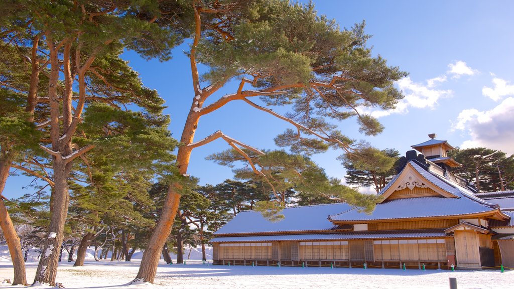 Fort Goryokaku featuring snow and a temple or place of worship