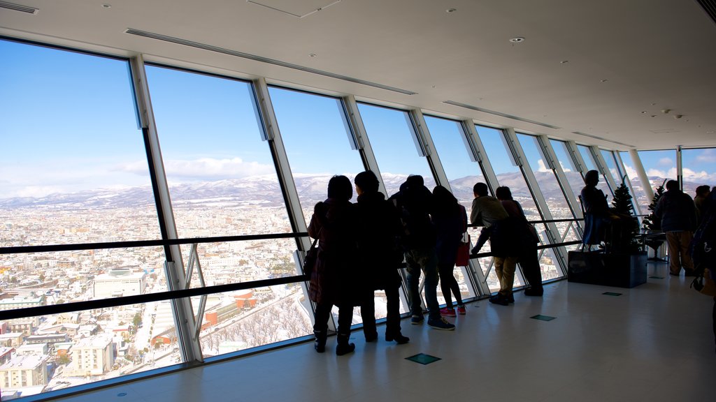 Goryokaku Tower featuring views as well as a large group of people