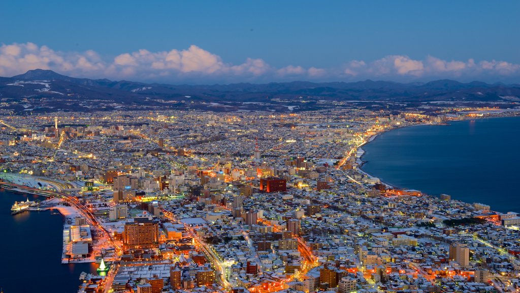 Mount Hakodate showing night scenes, a city and landscape views