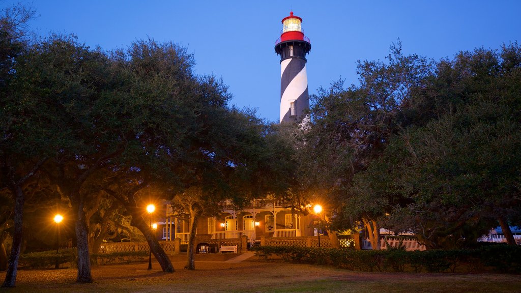 St. Augustine Lighthouse and Museum featuring a lighthouse and night scenes