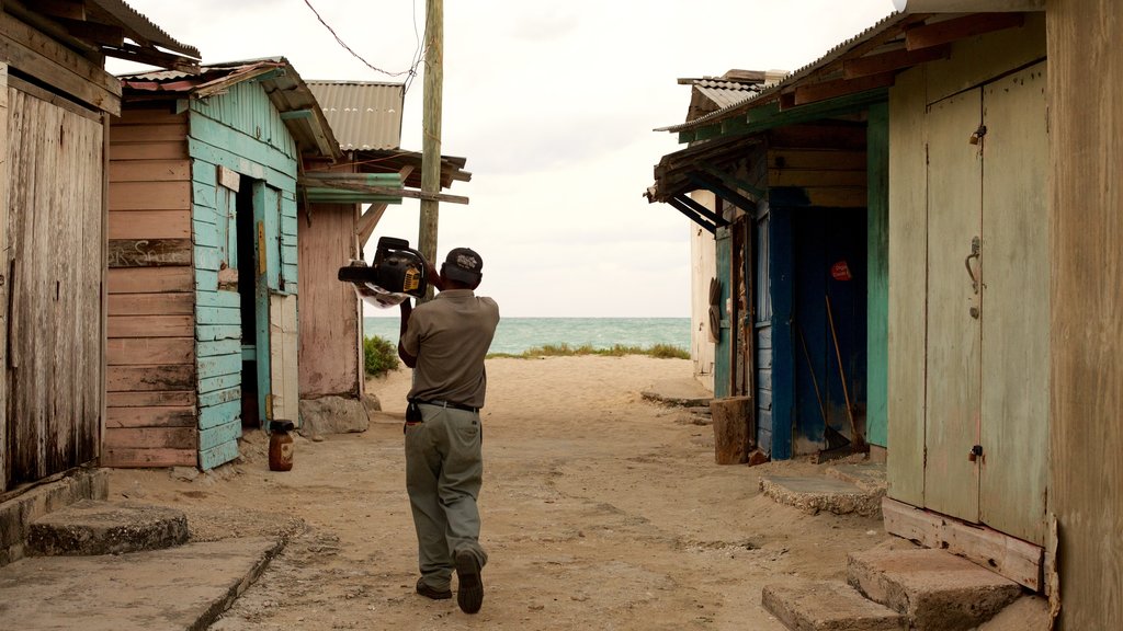 Negril mostrando una pequeña ciudad o pueblo y vistas generales de la costa y también un hombre