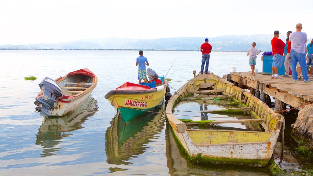 Port Royal mostrando una bahía o puerto y pesca y también un pequeño grupo de personas