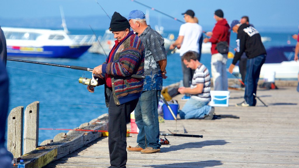 Molo di Portsea che include pesca cosi come un grande gruppo di persone