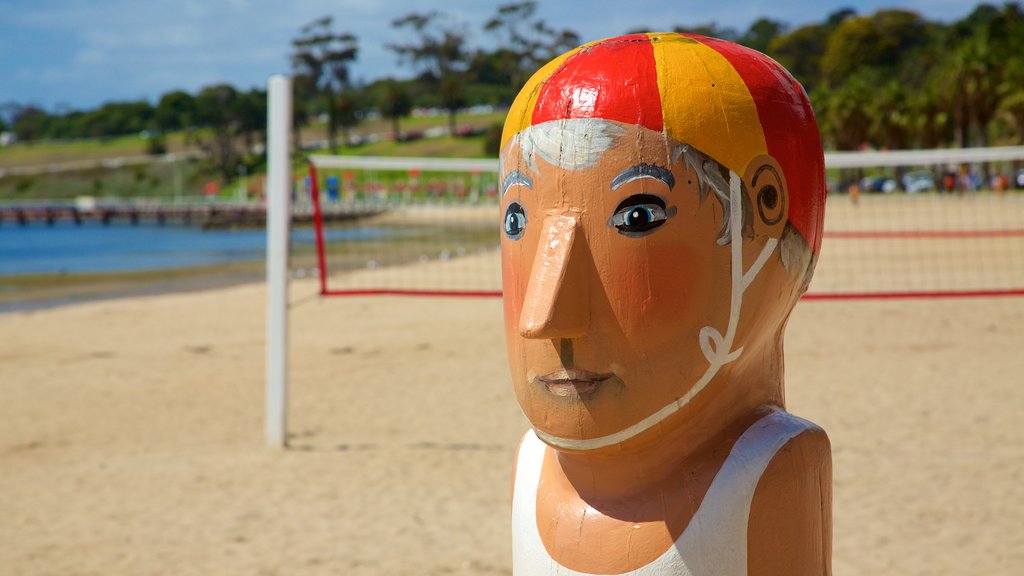 Geelong showing a sandy beach, a statue or sculpture and outdoor art