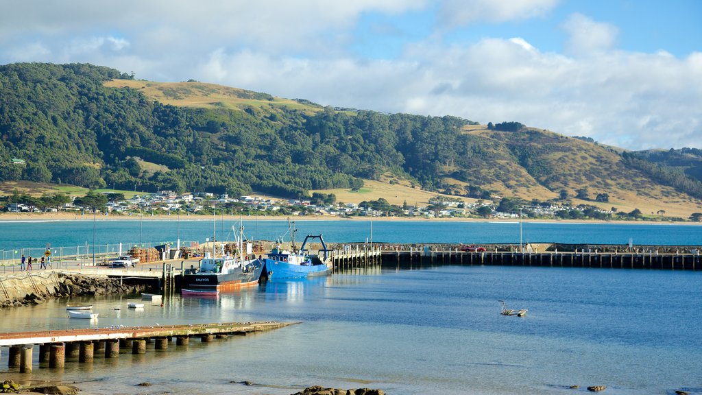 Apollo Bay Harbour featuring a marina, boating and mountains