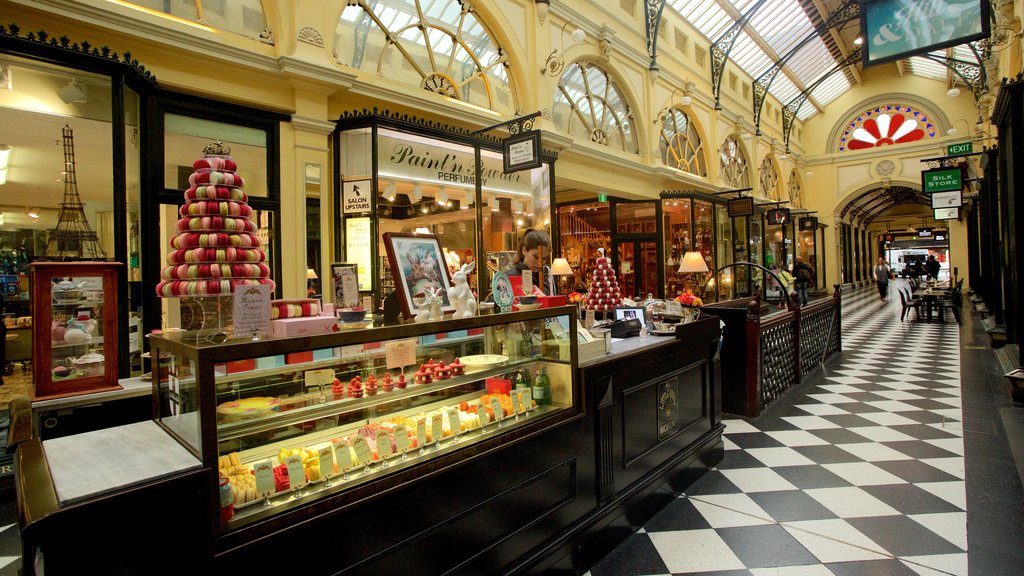 Royal Arcade which includes interior views, shopping and food