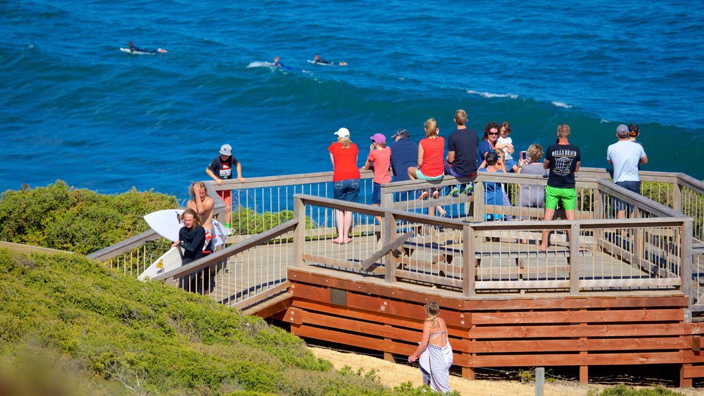 Bell\'s Beach showing views and general coastal views as well as a large group of people