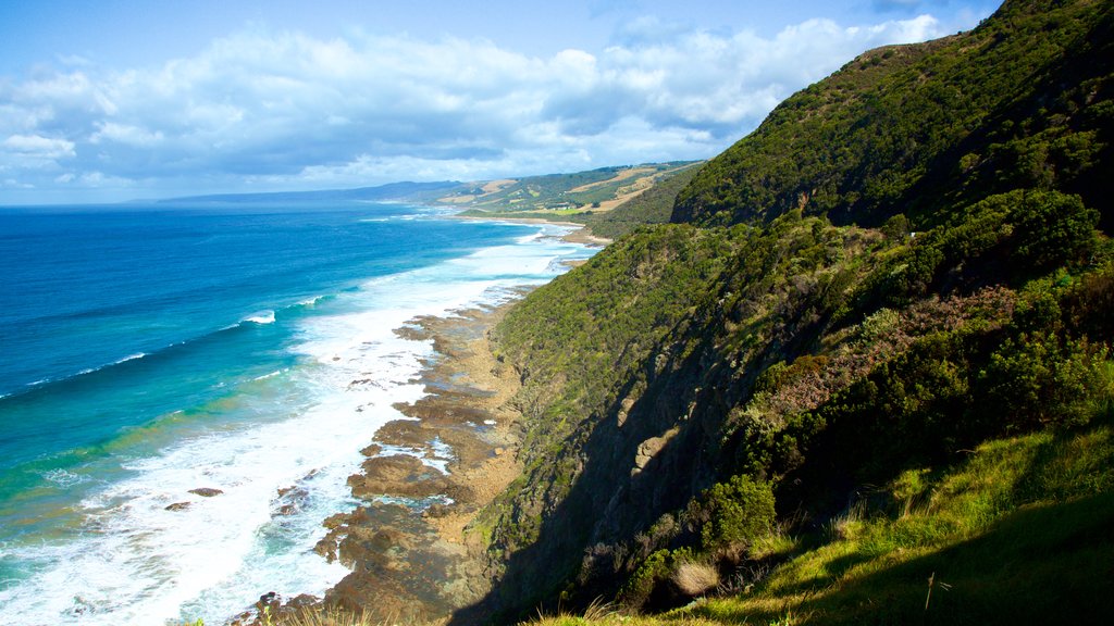 Great Ocean Road mostrando vista panorámica, montañas y costa escarpada