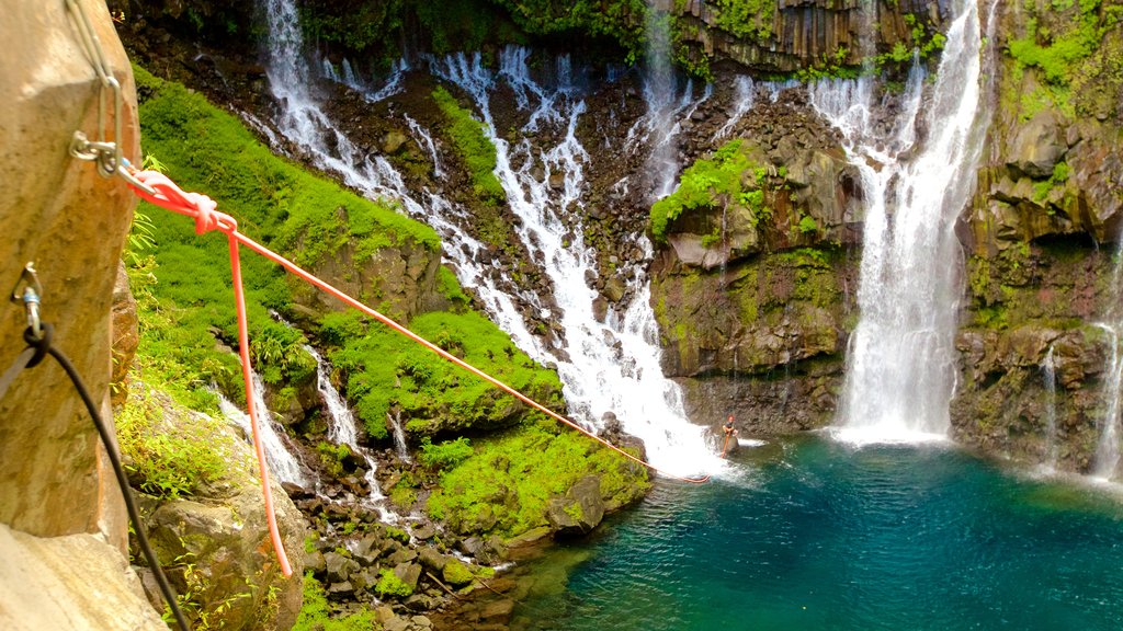 Grand Galet Falls featuring zip lining, a waterfall and a lake or waterhole