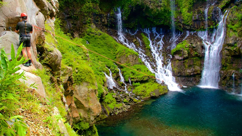 Grand Galet Falls featuring a waterfall, zip lining and a lake or waterhole