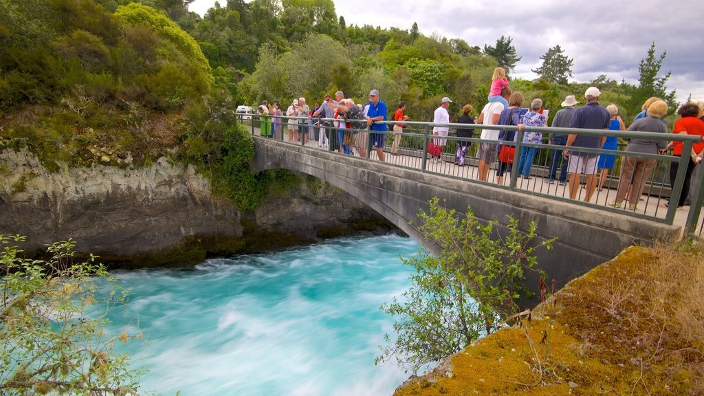 Huka Falls que incluye un puente y rápidos y también un gran grupo de personas