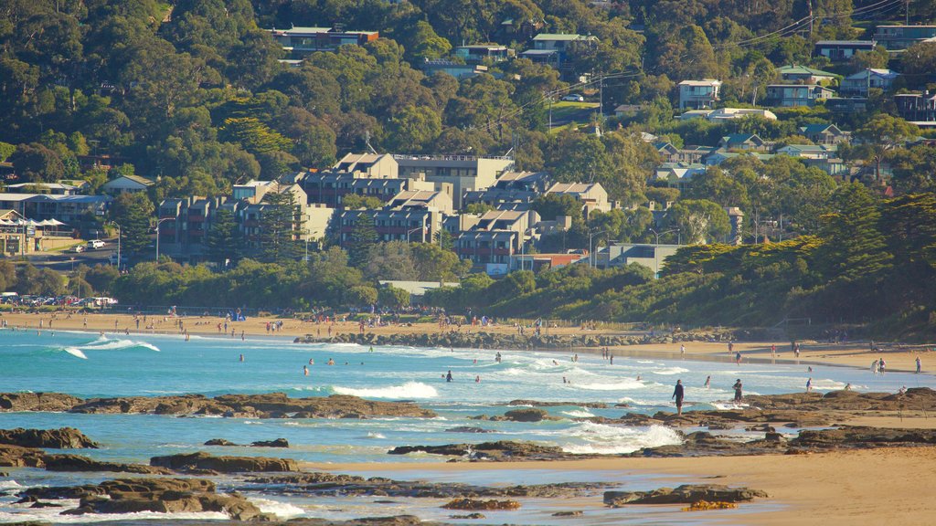 Lorne showing a beach and rocky coastline