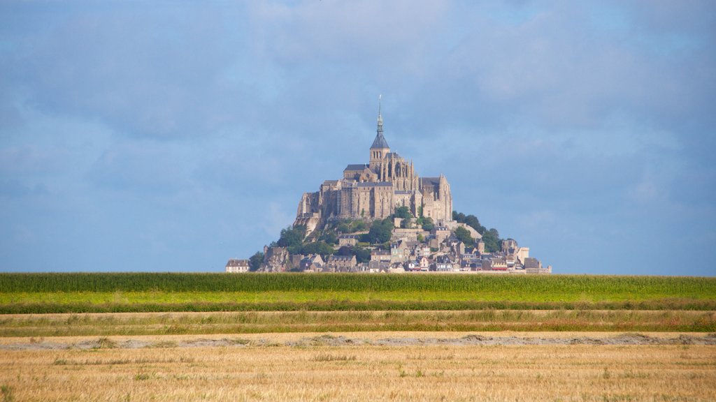 Le Mont-Saint-Michel mettant en vedette terre agricole, paysages paisibles et une petite ville ou un village