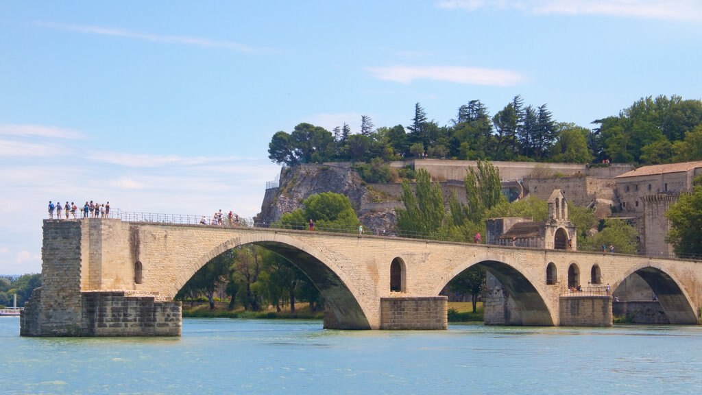 Pont d\'Avignon que incluye un puente, elementos patrimoniales y un río o arroyo