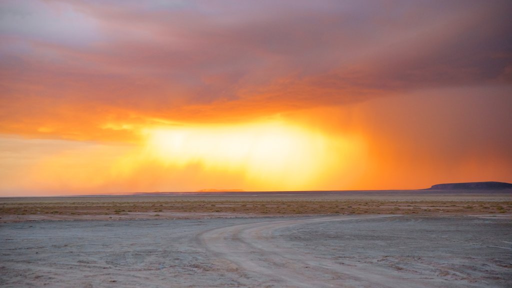 Salar de Uyuni qui includes paysages paisibles et un coucher de soleil