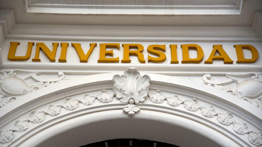 Universidad de San Francisco Xavier de Chuquisaca which includes heritage elements, heritage architecture and signage