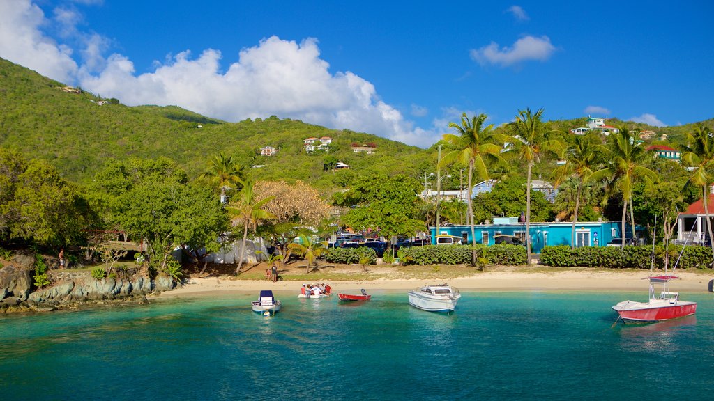 Cruz Bay que incluye una ciudad costera y una playa de arena