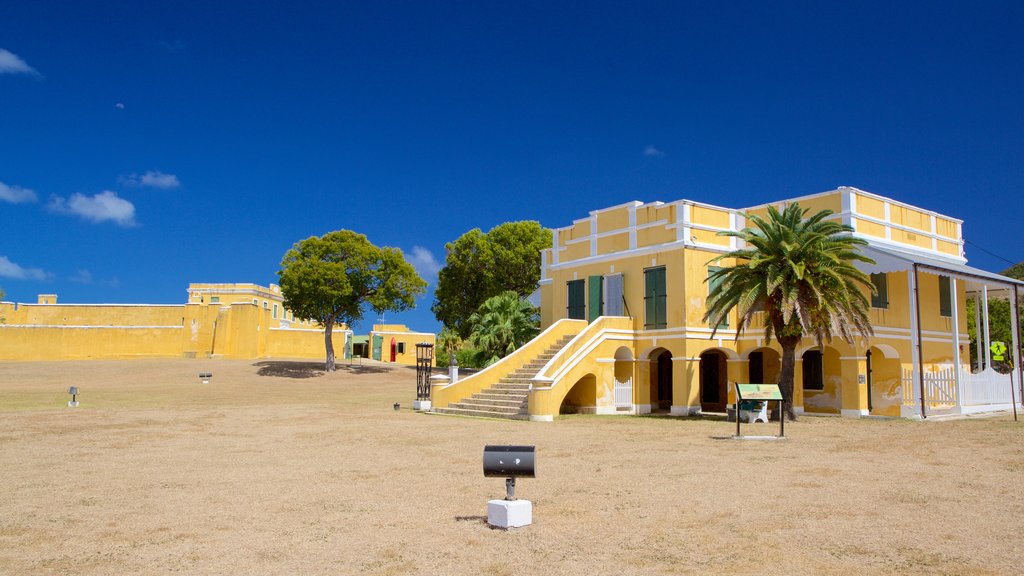 Fort Christiansvaern showing heritage elements and military items