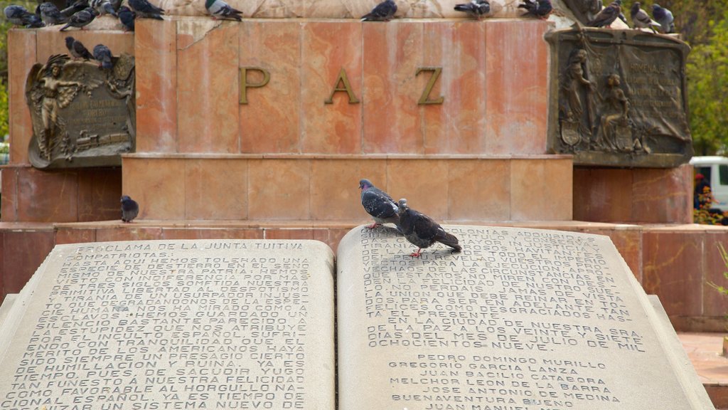 Plaza Murillo featuring bird life and a statue or sculpture