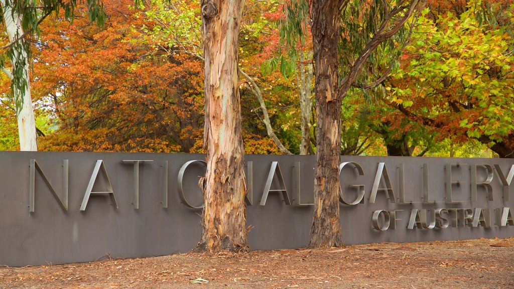 National Gallery of Australia showing signage and autumn leaves