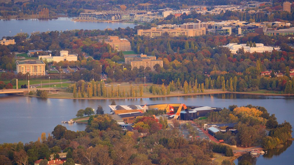 Telstra Tower showing a lake or waterhole and a city