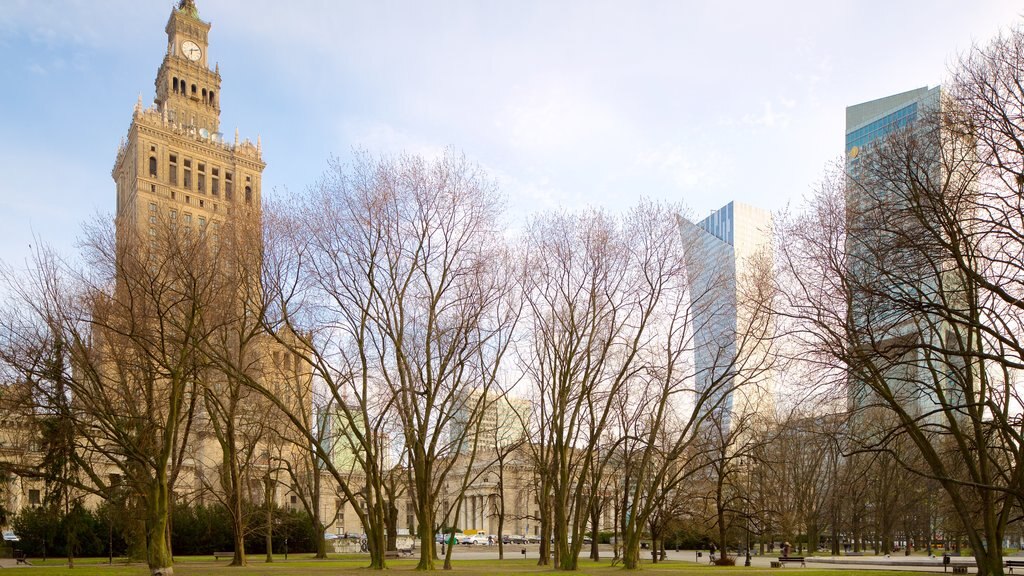 Palace of Culture and Science which includes heritage elements, a park and heritage architecture