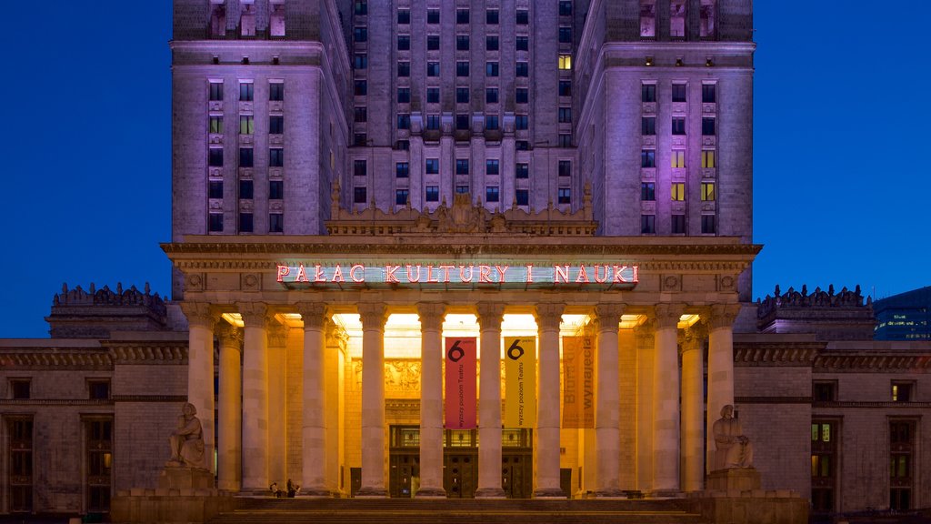 Palace of Culture and Science which includes night scenes, heritage elements and heritage architecture