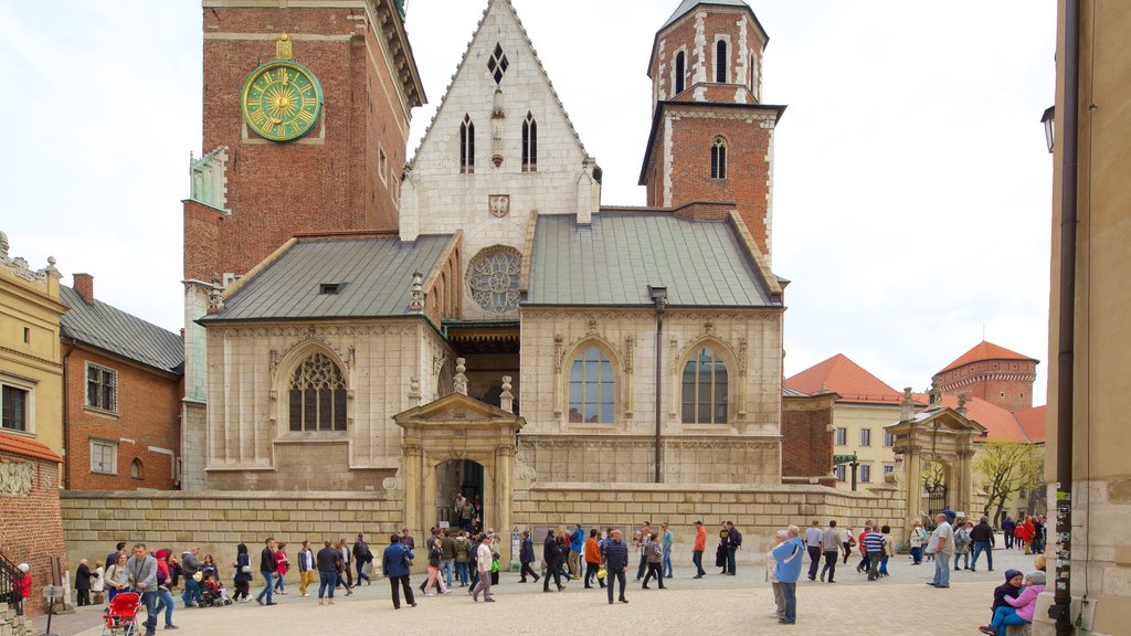 Wawel Cathedral showing a city and a square or plaza as well as a large group of people