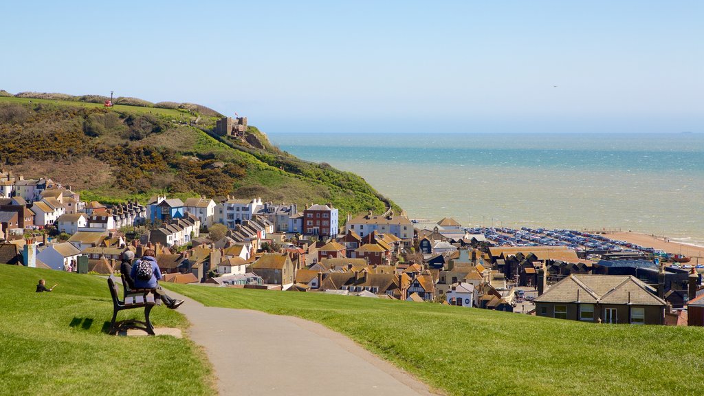 Hastings Castle showing a coastal town and general coastal views