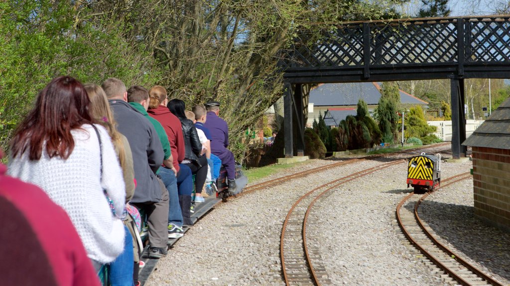 Eastbourne Miniature Steam Railway Adventure Park montrant articles ferroviaires aussi bien que petit groupe de personnes