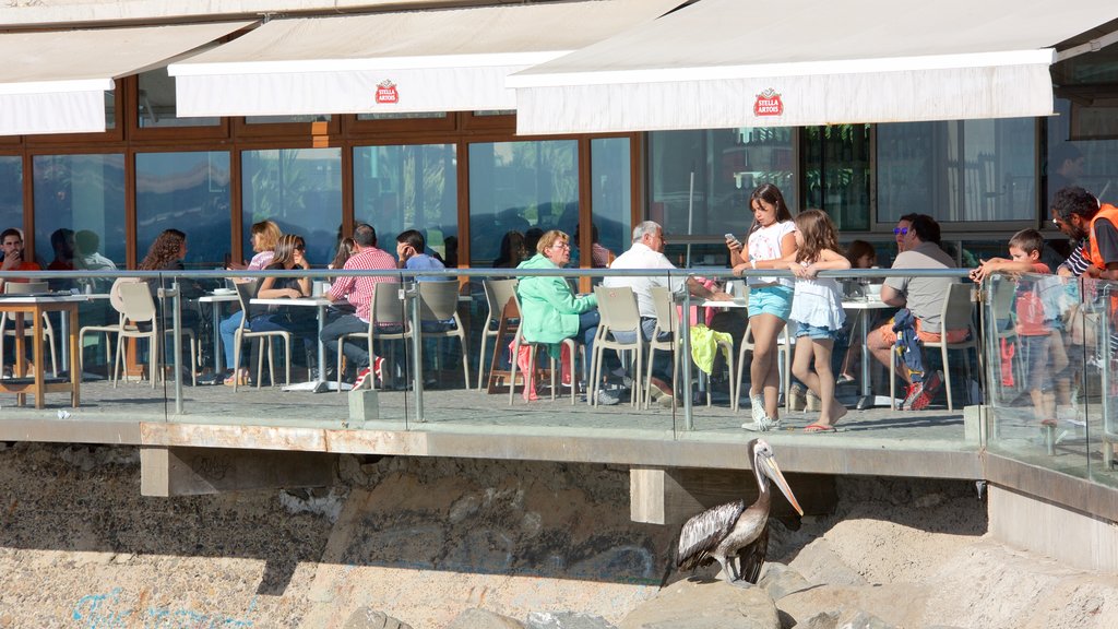 Praia de Acapulco mostrando jantar ao ar livre assim como um pequeno grupo de pessoas