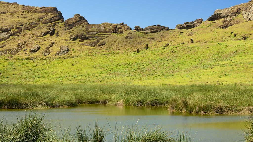 Rano Raraku que inclui um lago e cenas tranquilas