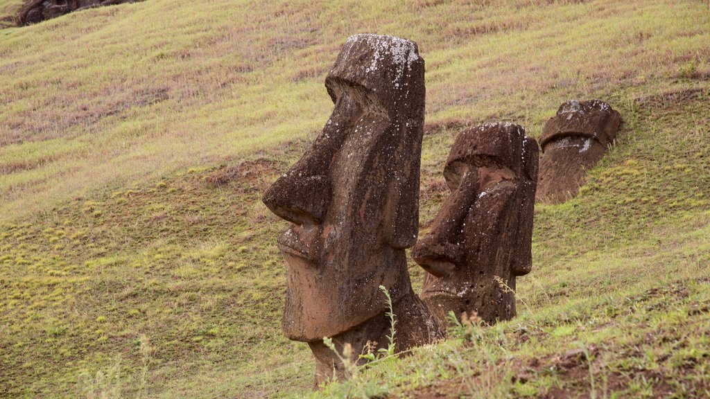 Rano Raraku which includes heritage elements, tranquil scenes and a statue or sculpture