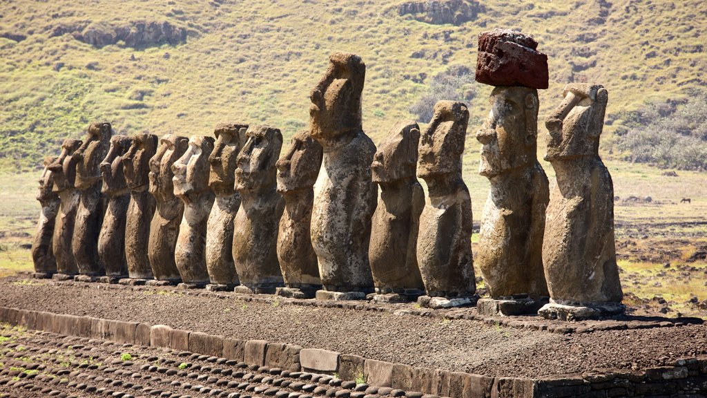 Ahu Tongariki which includes tranquil scenes, heritage elements and a statue or sculpture