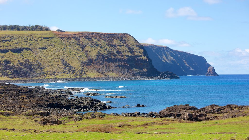 Ahu Tongariki qui includes rochers au bord de la mer