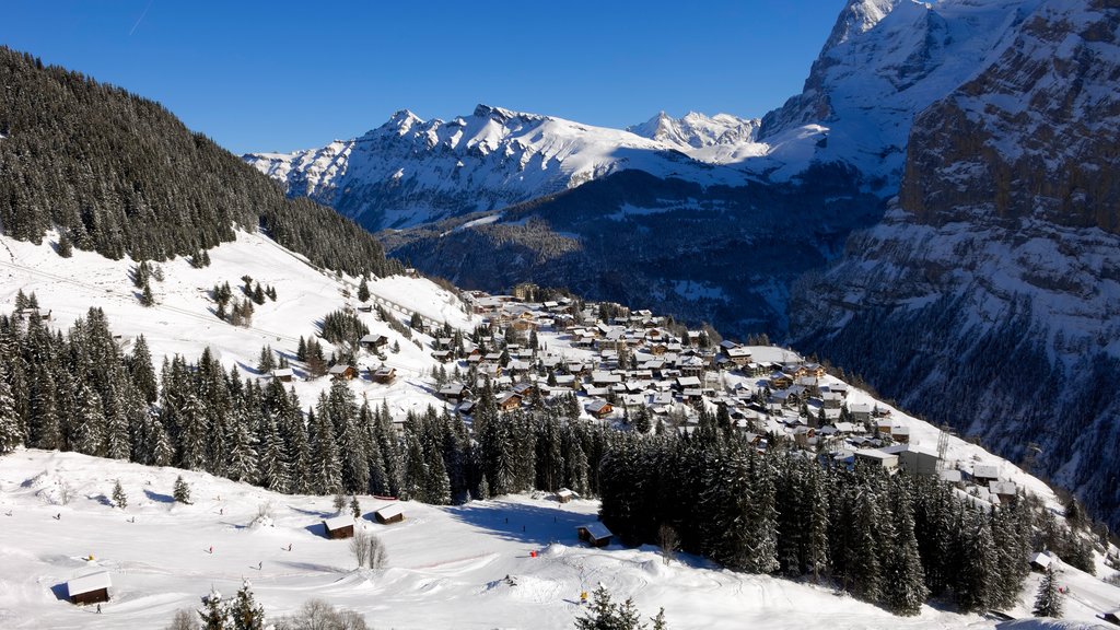 Muerren og byder på en lille by eller en landsby, sne og bjerge