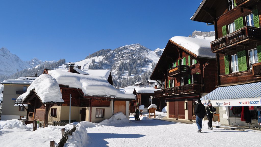 Mürren fasiliteter samt snø og liten by eller landsby