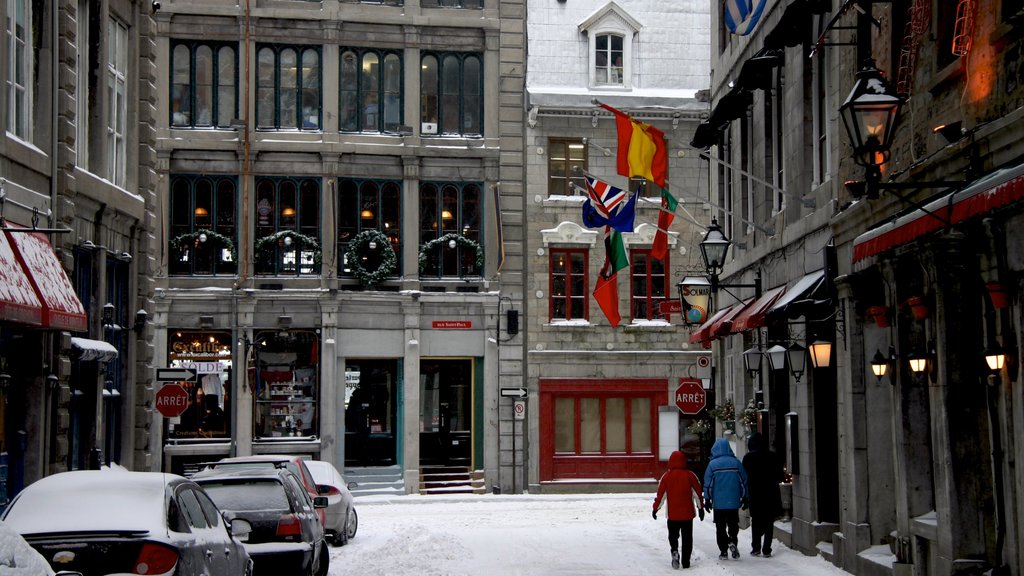 Puerto antiguo mostrando una ciudad y nieve