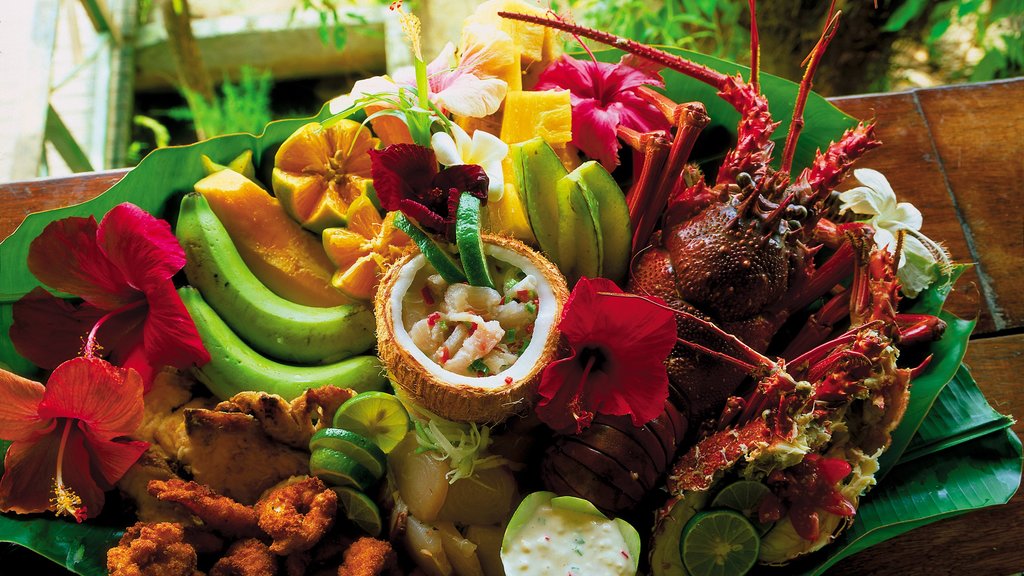 Solomon Islands which includes tropical scenes and food