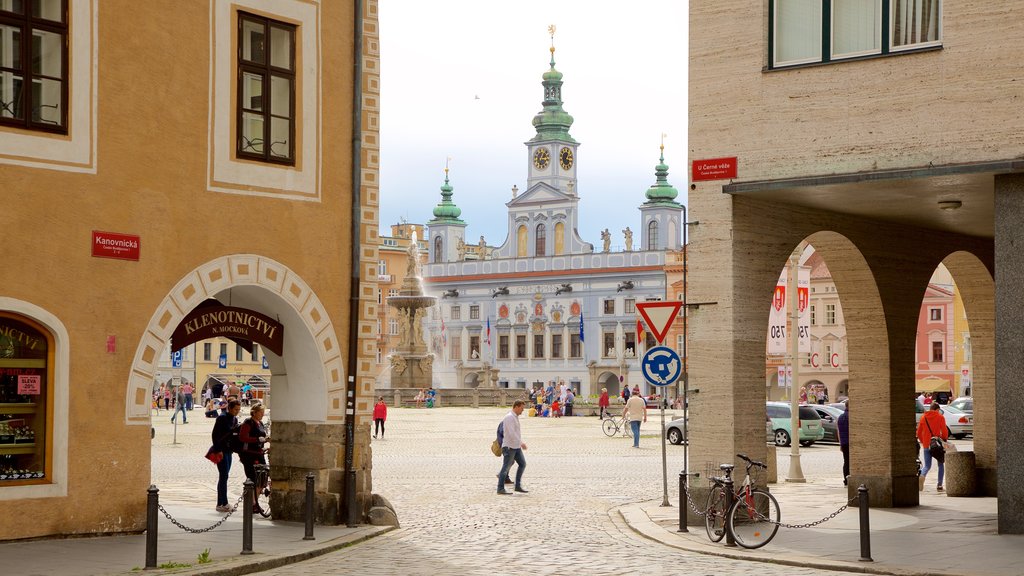 Ceske Budejovice toont een stad en een plein