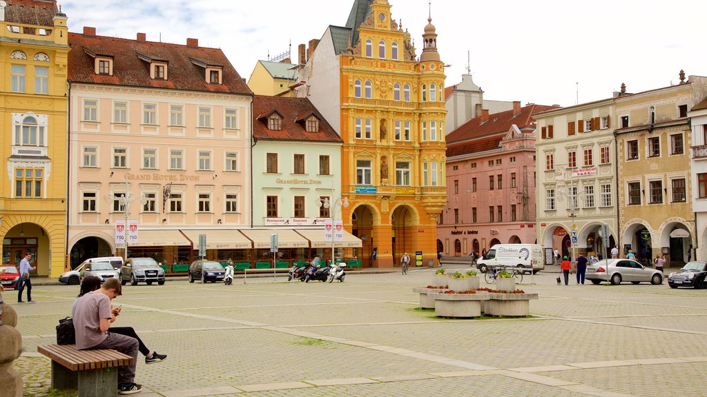 Ceske Budejovice which includes a city and a square or plaza