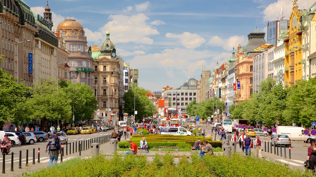 Wenceslas Square which includes street scenes and a city