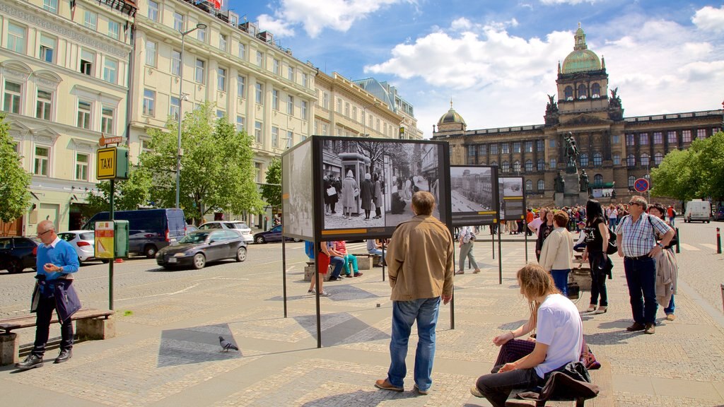 Czech National Museum showing street scenes, outdoor art and a city