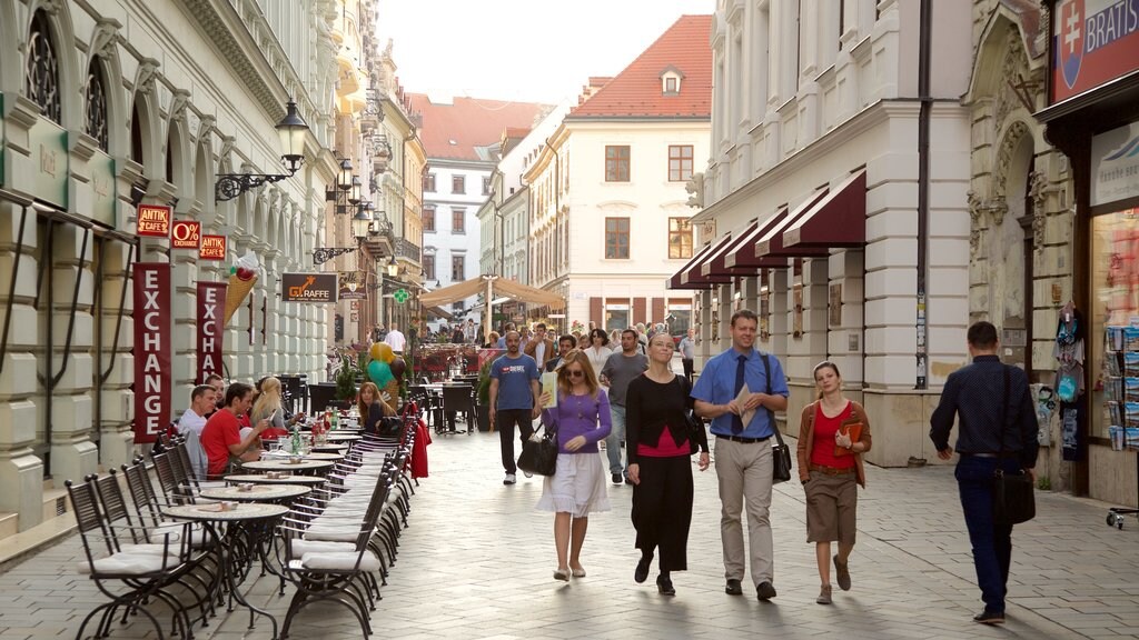 Bratislava showing a city and street scenes as well as a large group of people